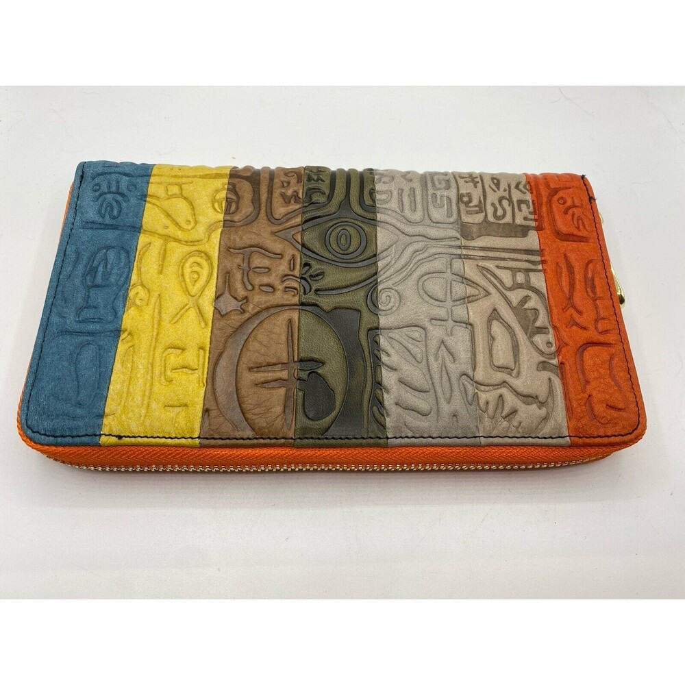 Walk Arrive Women’s Leather Tribal Hieroglyphics Multi Colors Wristlet Purse Boh